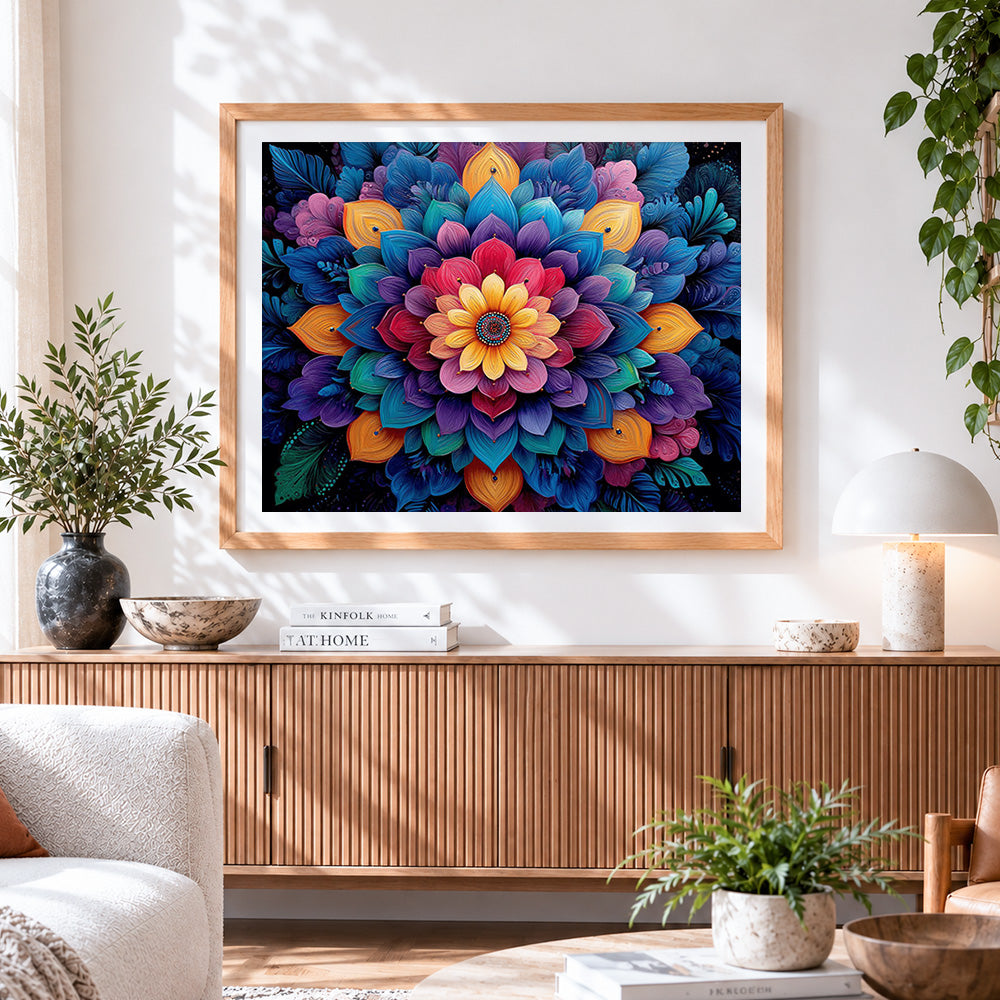 Finished 3D colourful mandala flower paint by numbers artwork displayed as home decor