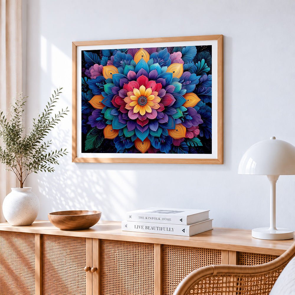 3D colourful mandala flower paint by numbers artwork displayed on wall as home decor