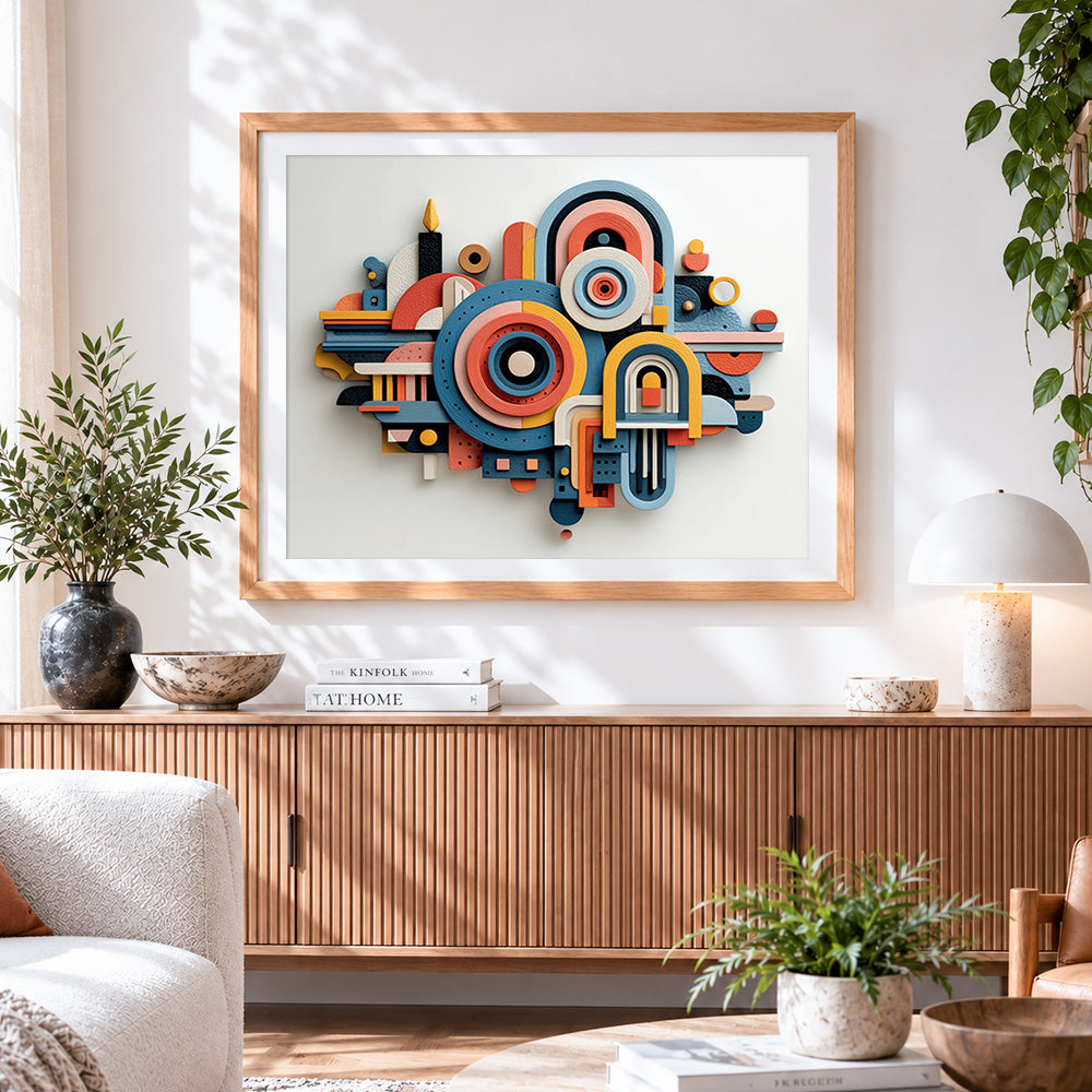 Finished 3D geometric layered shapes paint by numbers artwork displayed as home decor