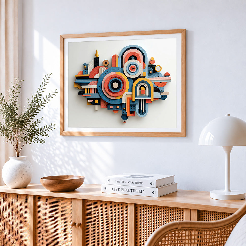 3D geometric layered shapes paint by numbers artwork displayed on wall as home decor