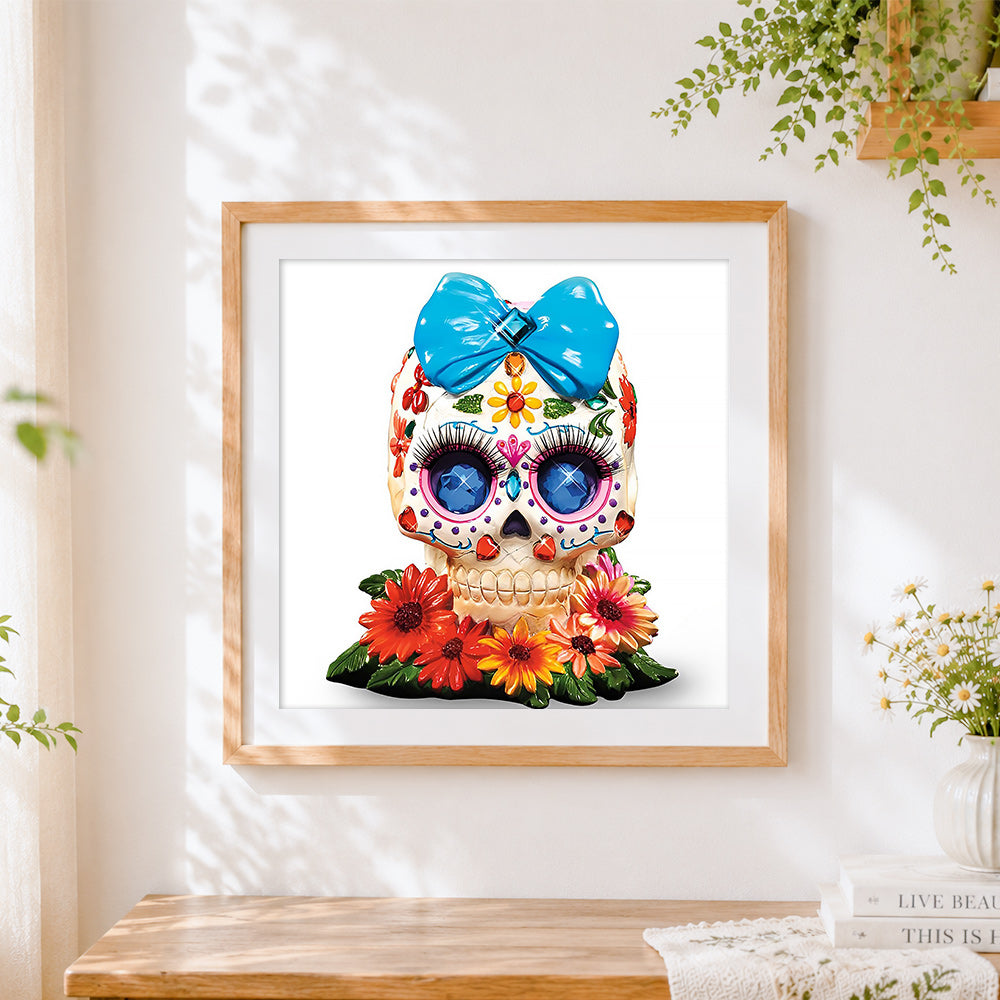 Finished 3D jewelled sugar skull with blue bow cross stitch artwork displayed