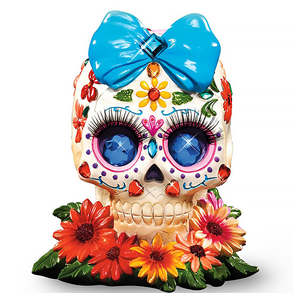3D jewelled sugar skull with blue bow cross stitch kit for beginners
