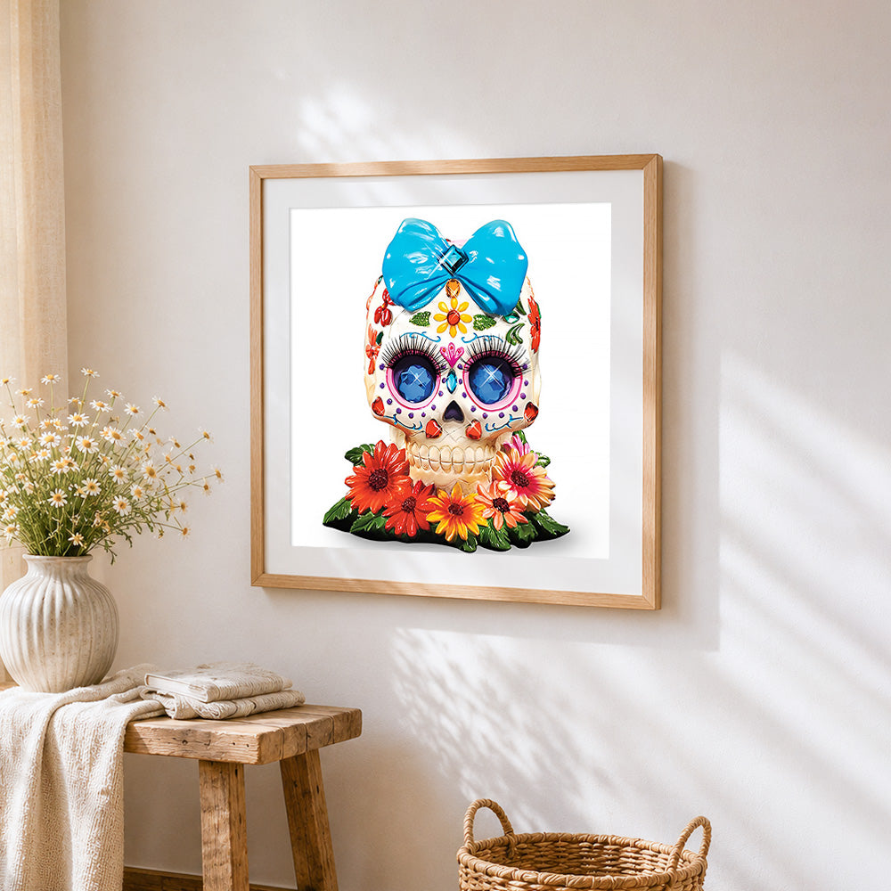 3D jewelled sugar skull with blue bow cross stitch artwork displayed on wall as home decor