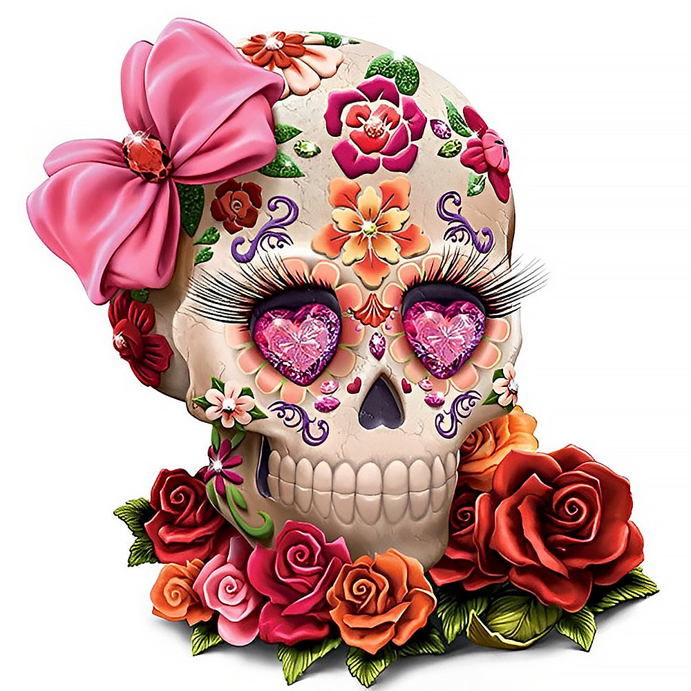 3D sugar skull with pink bow cross stitch kit for beginners