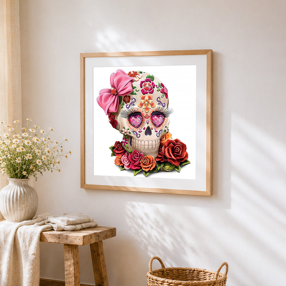 3D sugar skull with pink bow cross stitch artwork displayed on wall as home decor