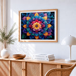 3D colourful mandala flower cross stitch artwork displayed on wall as home decor