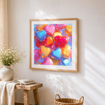 3D glossy colourful hearts cross stitch artwork displayed on wall as home decor