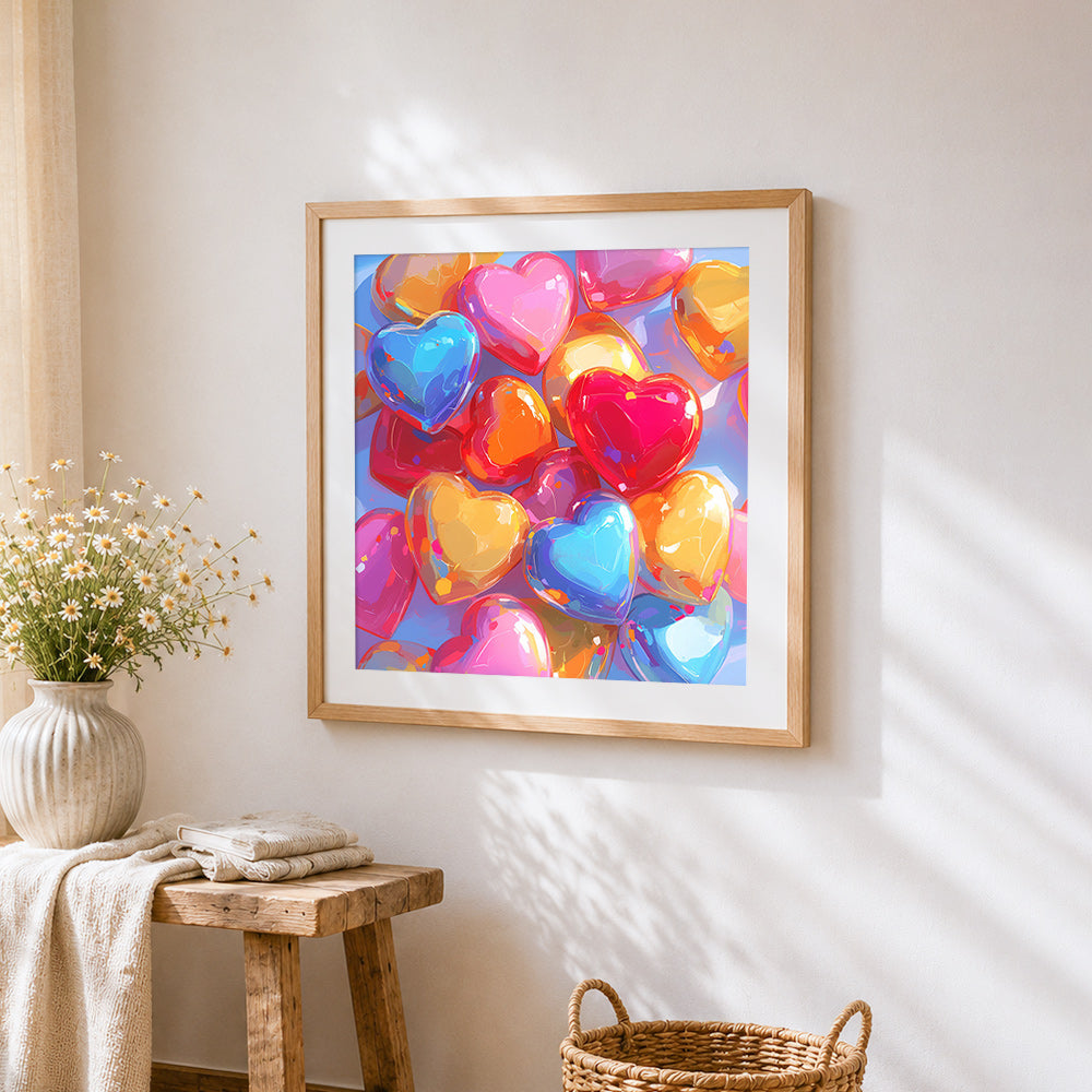 3D glossy colourful hearts cross stitch artwork displayed on wall as home decor
