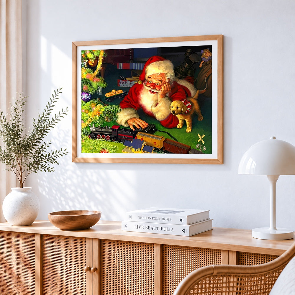 Santa playing with toy train and puppy cross stitch artwork displayed on wall as home decor