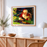 Santa playing with toy train and puppy cross stitch artwork displayed on wall as home decor