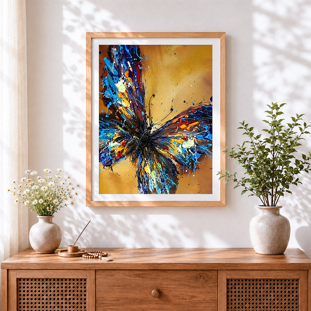 Finished a abstract colourful butterfly cross stitch artwork displayed