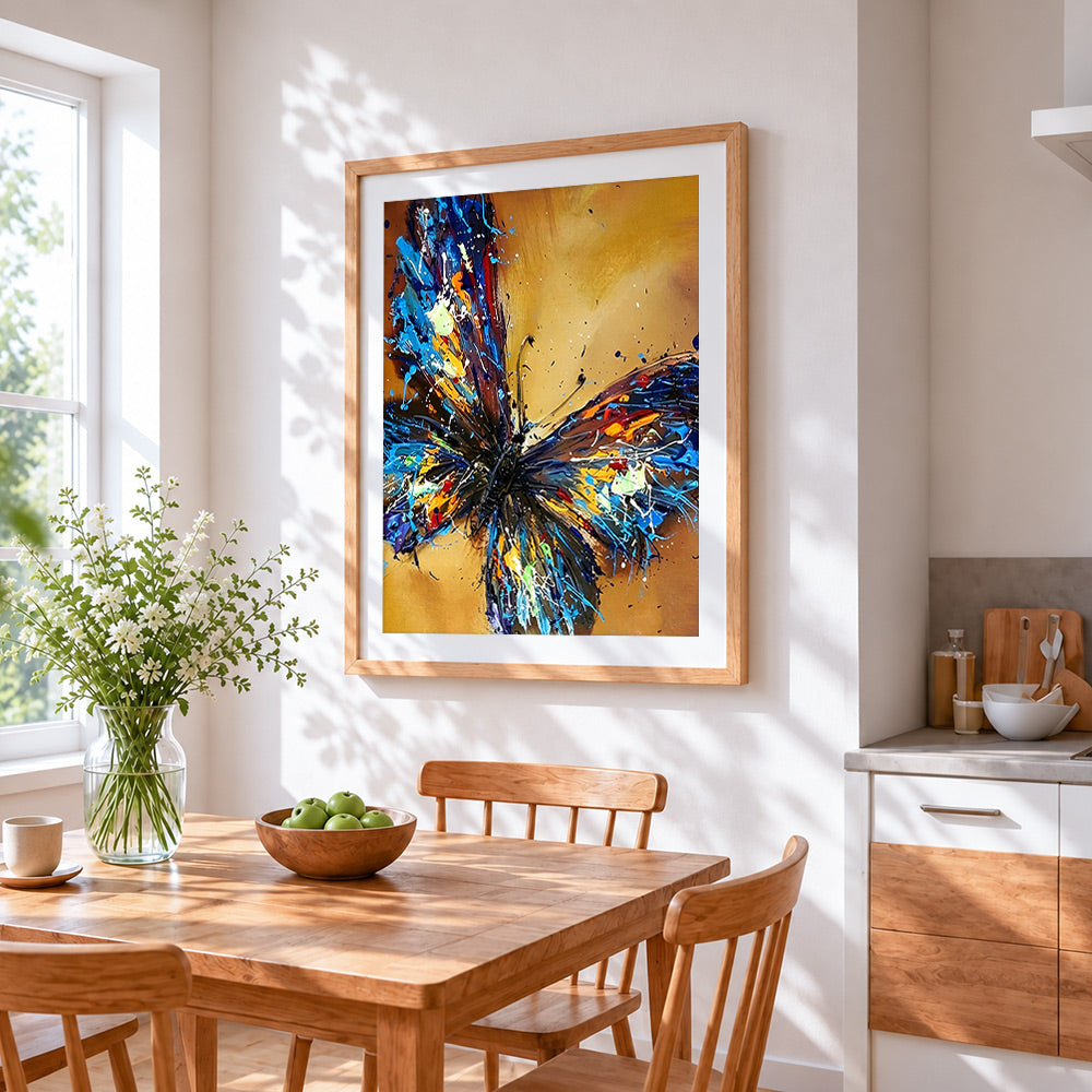 A abstract colourful butterfly paint by numbers artwork displayed on wall as home decor