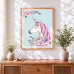 Finished a beautiful pink unicorn paint by numbers artwork displayed as home decor