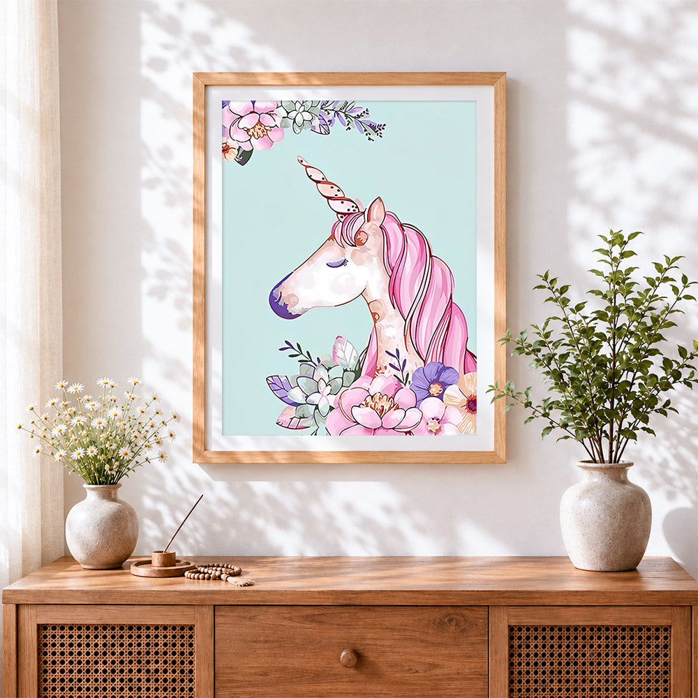 Finished a beautiful pink unicorn paint by numbers artwork displayed as home decor