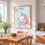 A beautiful pink unicorn paint by numbers artwork displayed on wall as home decor
