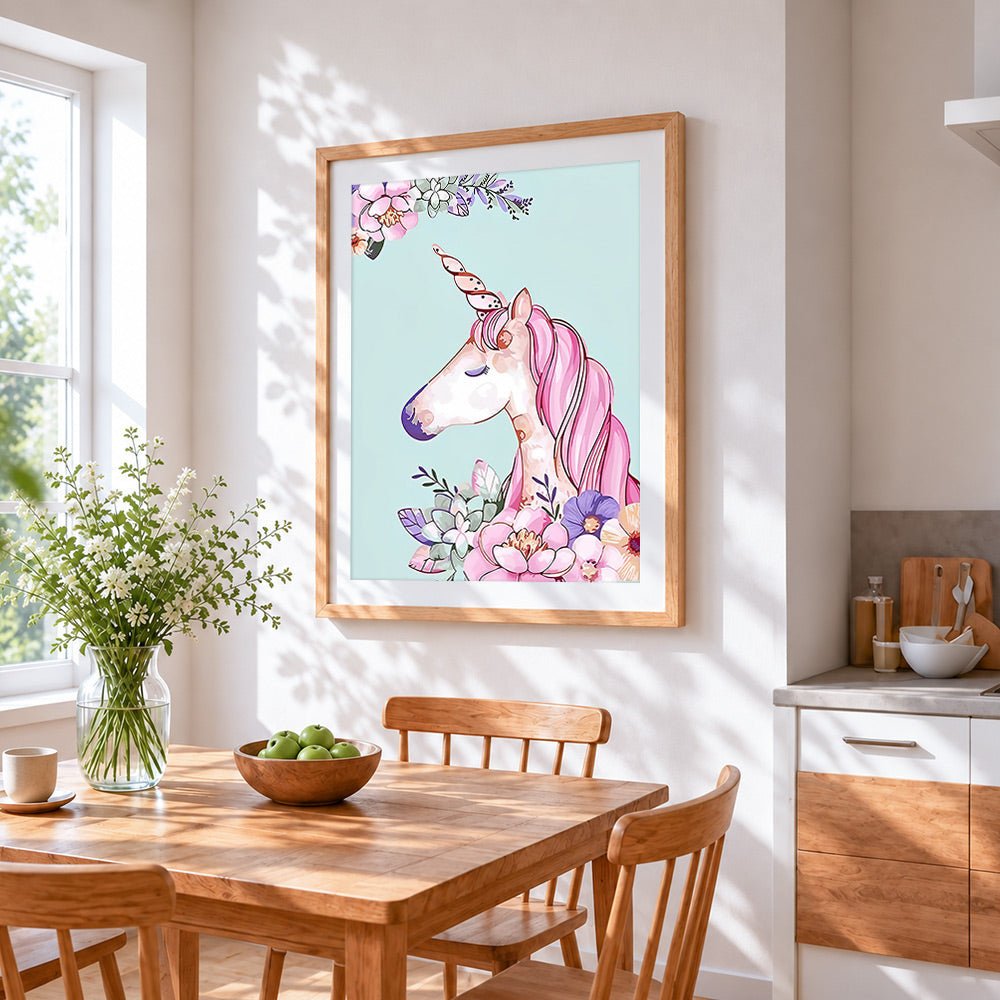 A beautiful pink unicorn paint by numbers artwork displayed on wall as home decor