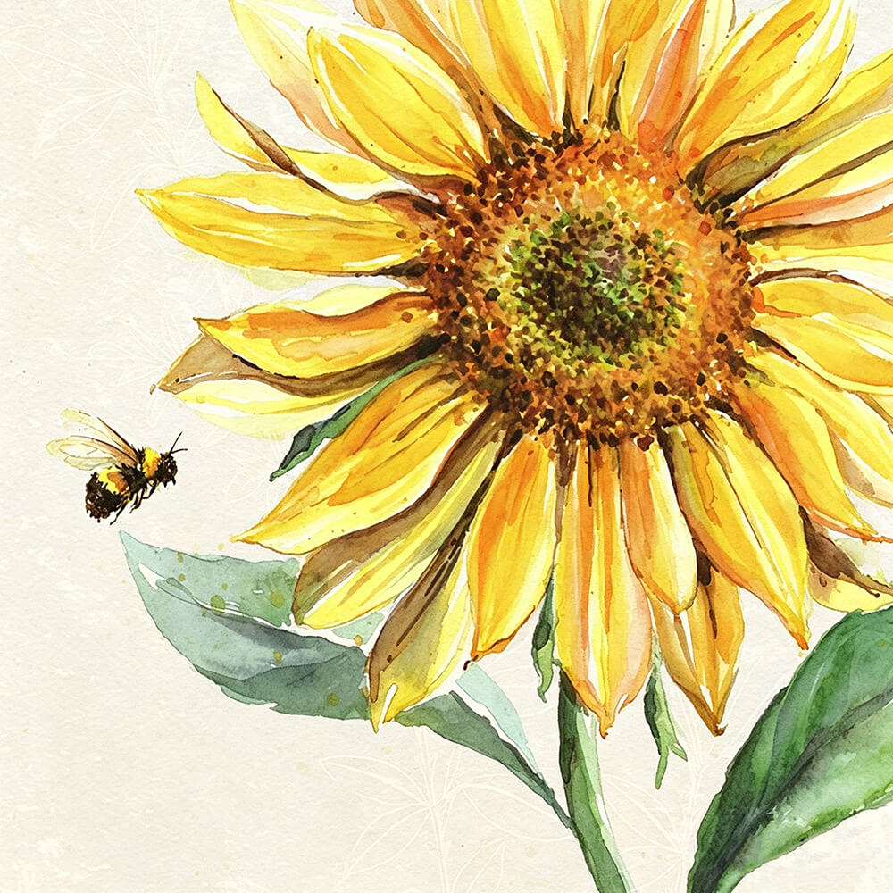 A bee flying to a sunflower cross stitch kit for beginners