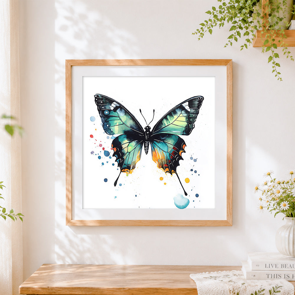 Finished a black and green butterfly cross stitch artwork displayed