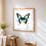 A black and green butterfly cross stitch artwork displayed on wall as home decor
