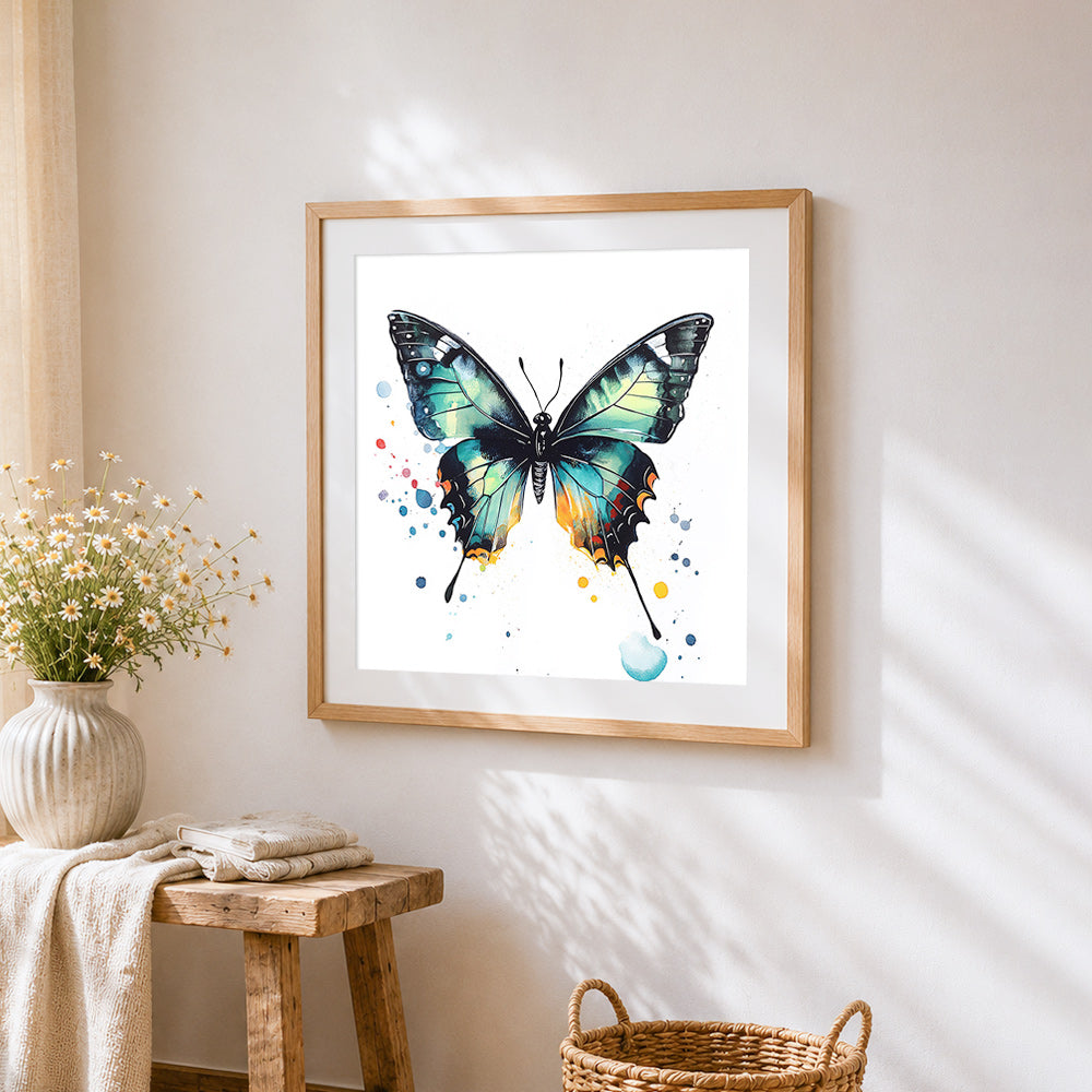 A black and green butterfly cross stitch artwork displayed on wall as home decor