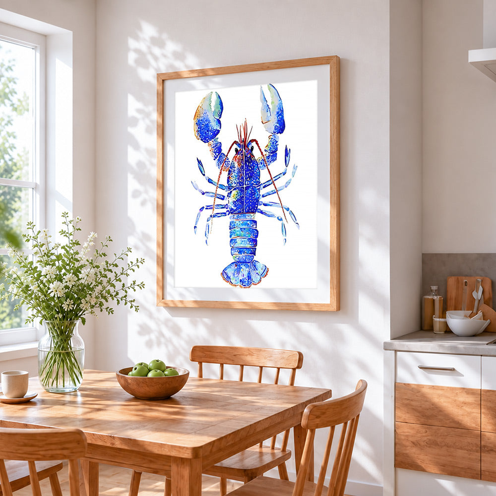 A blue lobster cross stitch artwork displayed on wall as home decor