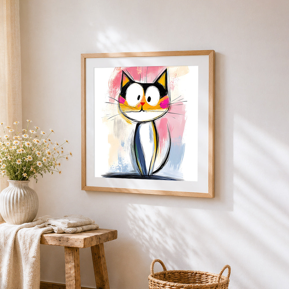 A cat's curiosity cross stitch artwork displayed on wall as home decor