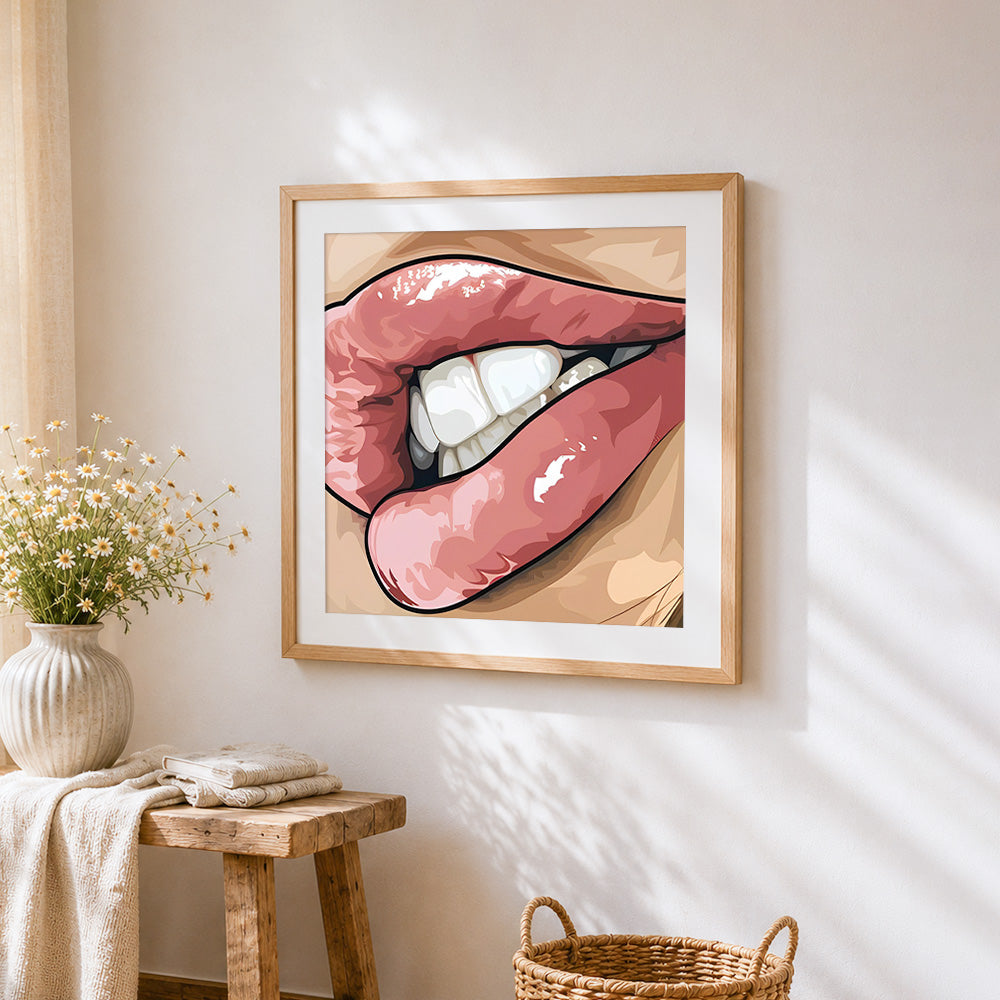 A glossy toothy grin cross stitch artwork displayed on wall as home decor