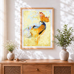 Finished a golden dog and an orange butterfly cross stitch artwork displayed
