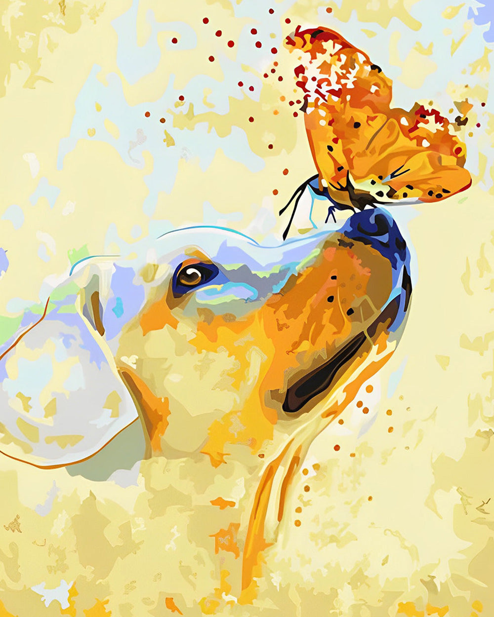 A golden dog and an orange butterfly cross stitch kit for beginners