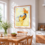 A golden dog and an orange butterfly cross stitch artwork displayed on wall as home decor