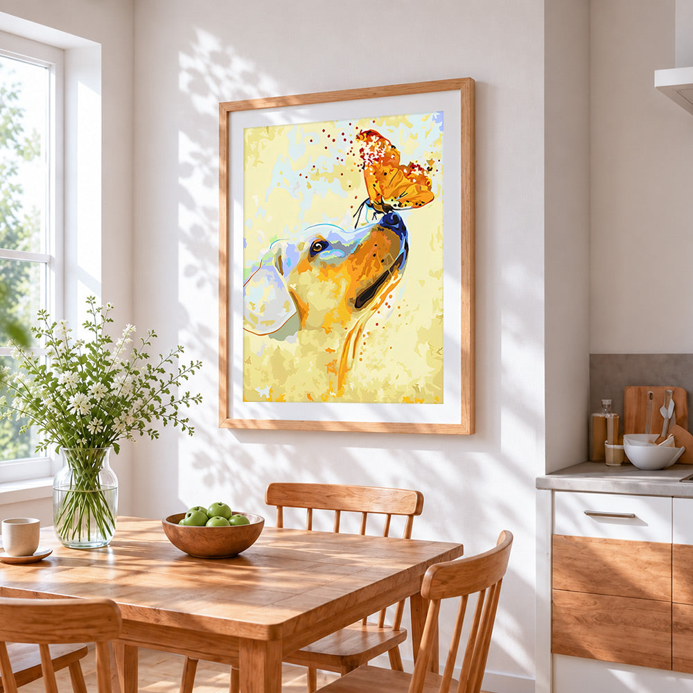 A golden dog and an orange butterfly cross stitch artwork displayed on wall as home decor