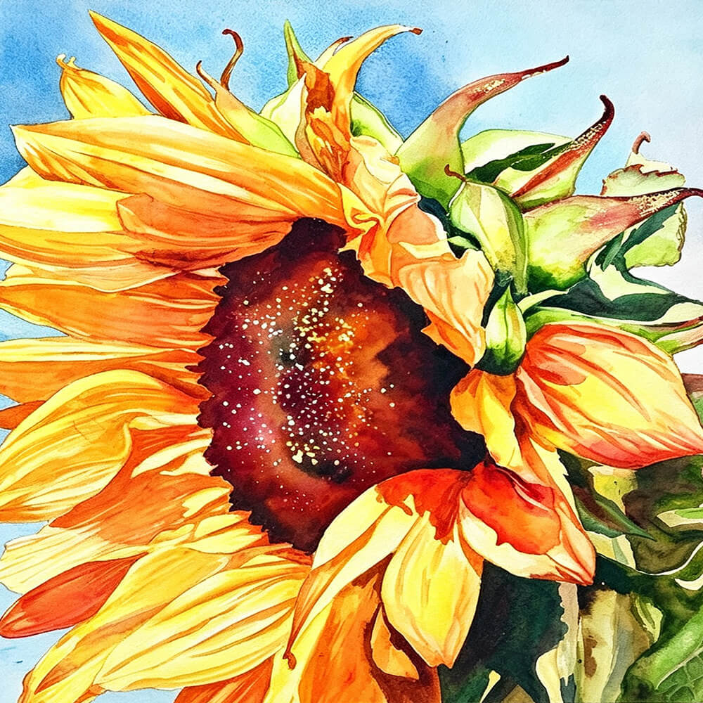A golden sunflower in watercolour cross stitch kit for beginners
