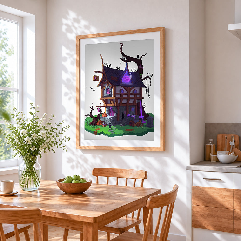 A haunted house on halloween night cross stitch artwork displayed on wall as home decor
