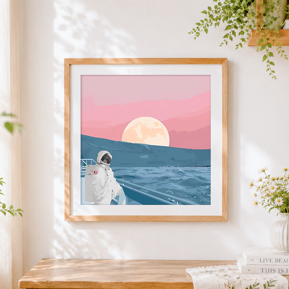 Finished a journey to the pink horizon cross stitch artwork displayed