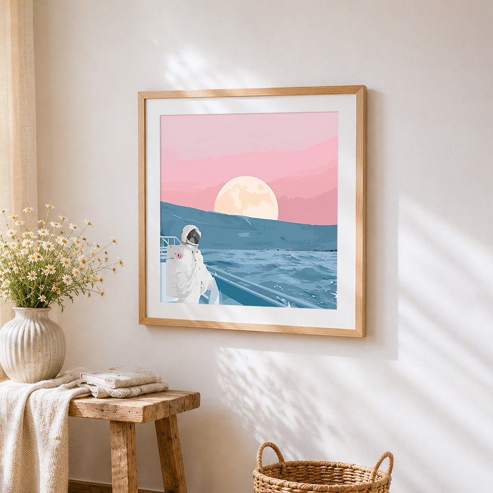 A journey to the pink horizon cross stitch artwork displayed on wall as home decor