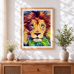 Finished a lion in vivid colour cross stitch artwork displayed