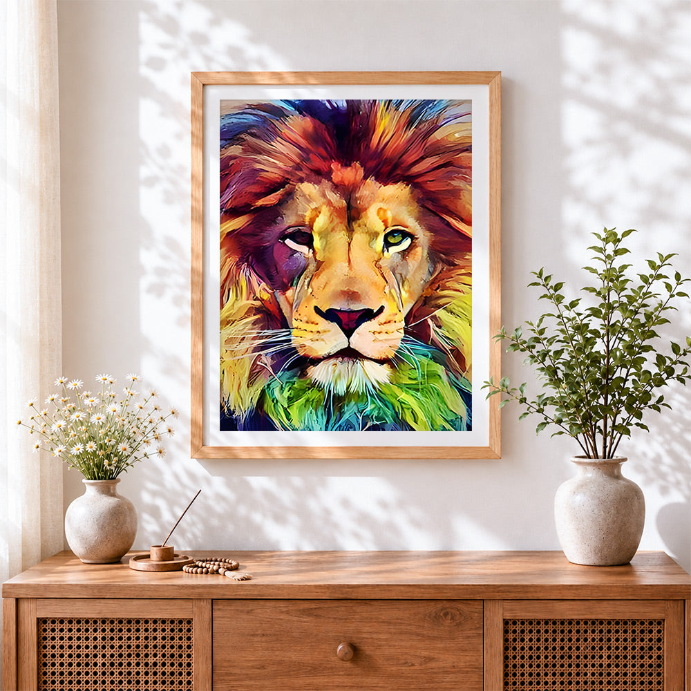 Finished a lion in vivid colour cross stitch artwork displayed
