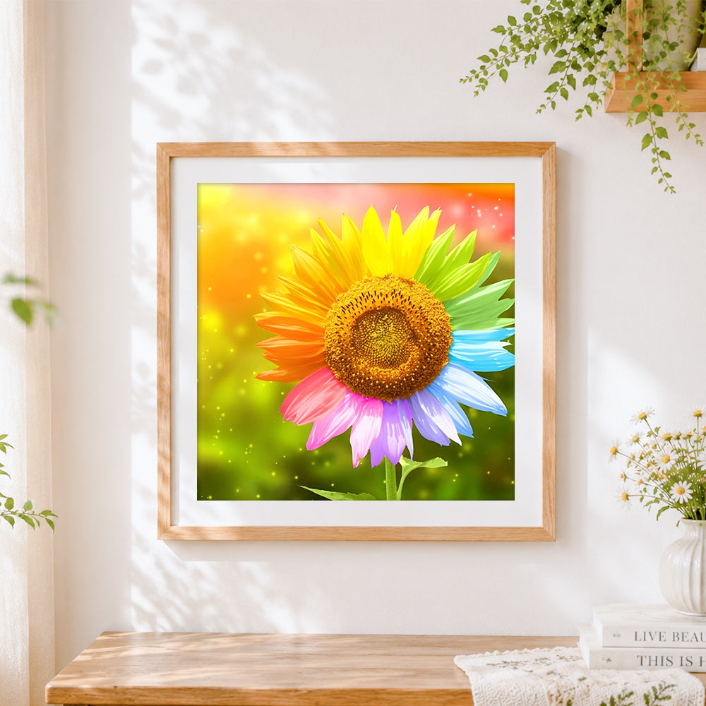 Finished a multi coloured sunflower in the sunlight cross stitch artwork displayed