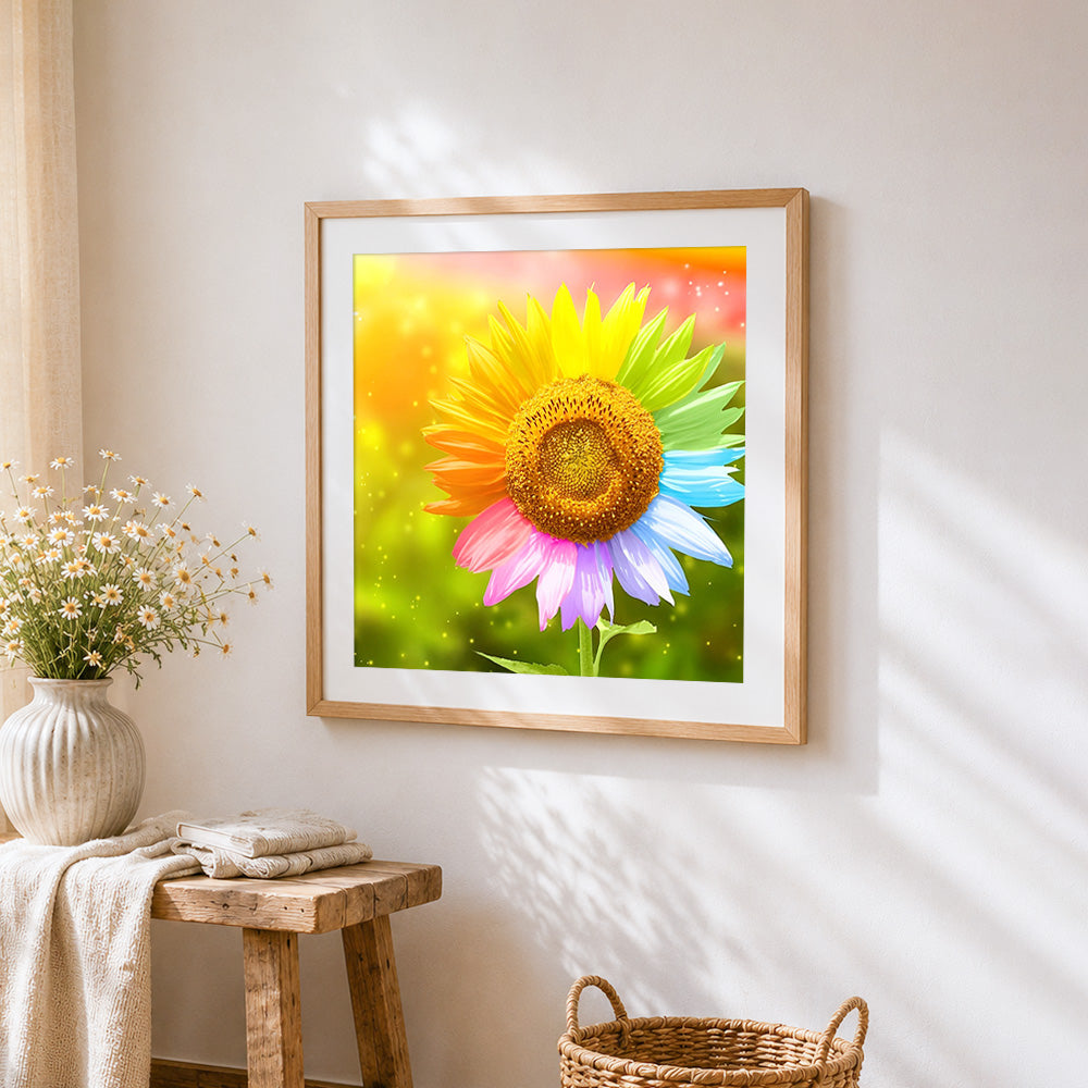 A multi coloured sunflower in the sunlight cross stitch artwork displayed on wall as home decor