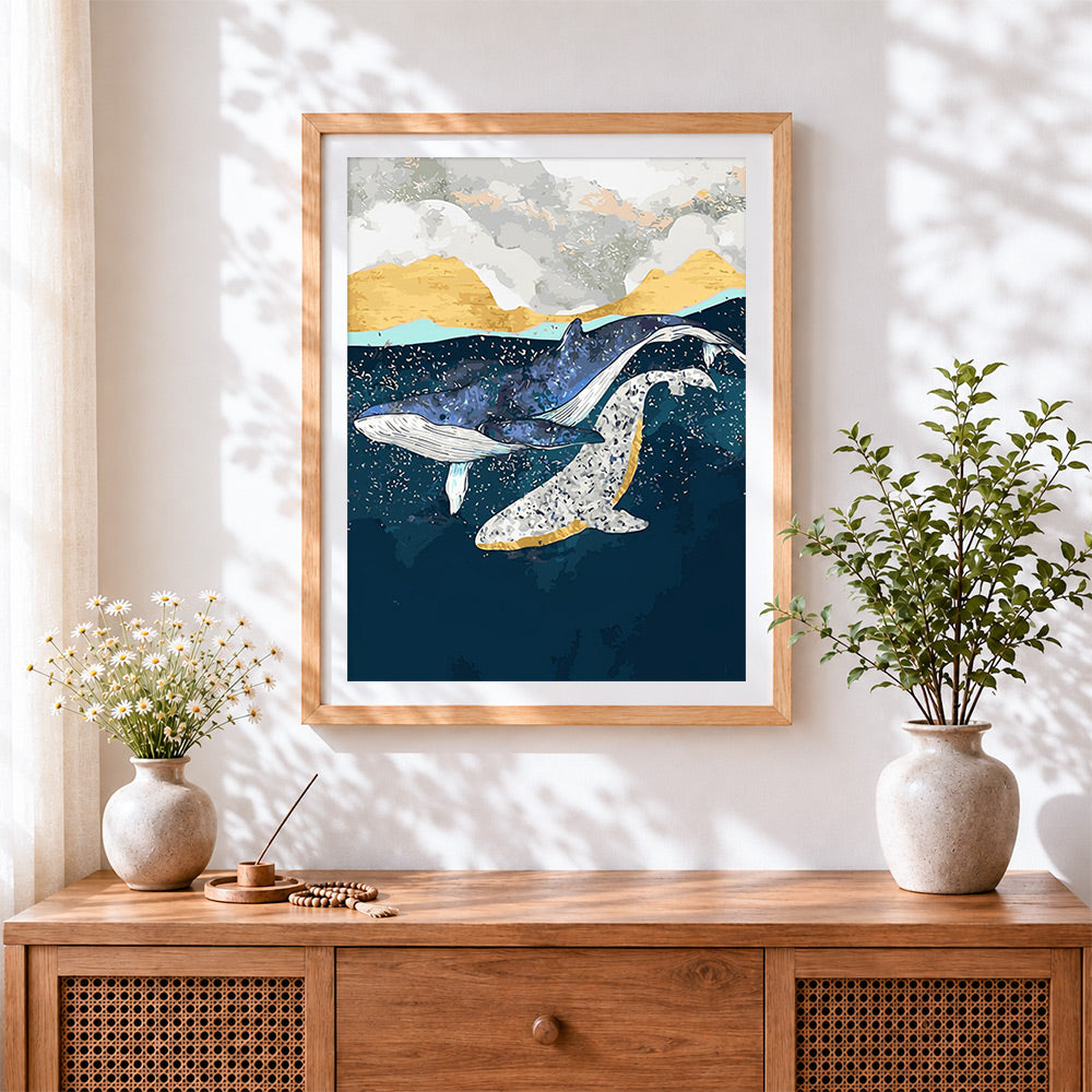 Finished a pair of whales cross stitch artwork displayed