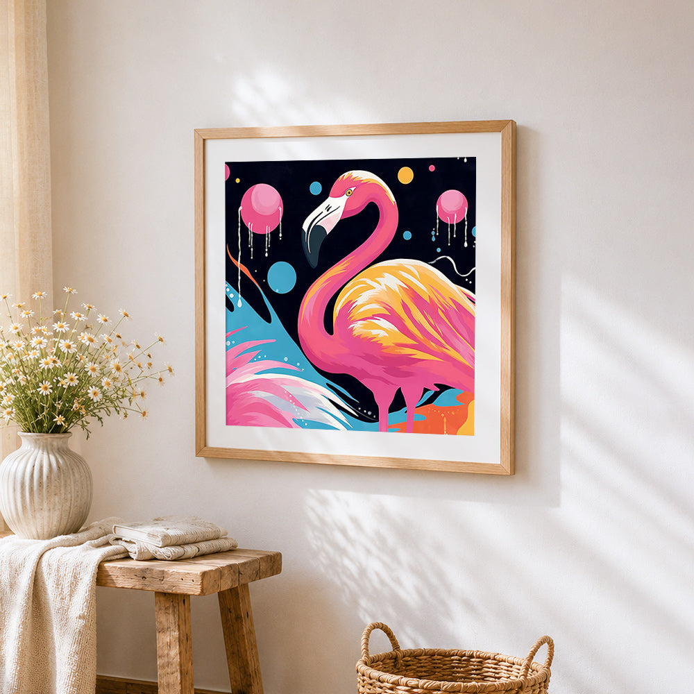 A pink flamingo cross stitch artwork displayed on wall as home decor