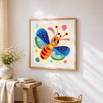 a playful cartoon butterfly cross stitch artwork displayed on wall as home decor