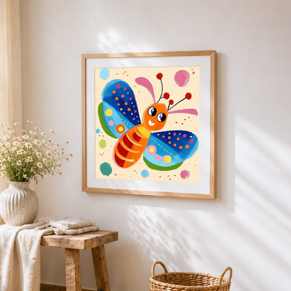 a playful cartoon butterfly cross stitch artwork displayed on wall as home decor