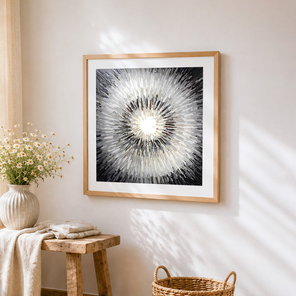 A radiant burst of dandelions cross stitch artwork displayed on wall as home decor