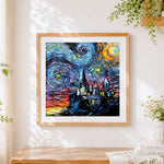Finished a surreal starry night cross stitch artwork displayed