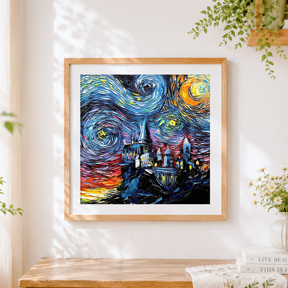 Finished a surreal starry night cross stitch artwork displayed