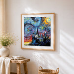 A surreal starry night cross stitch artwork displayed on wall as home decor