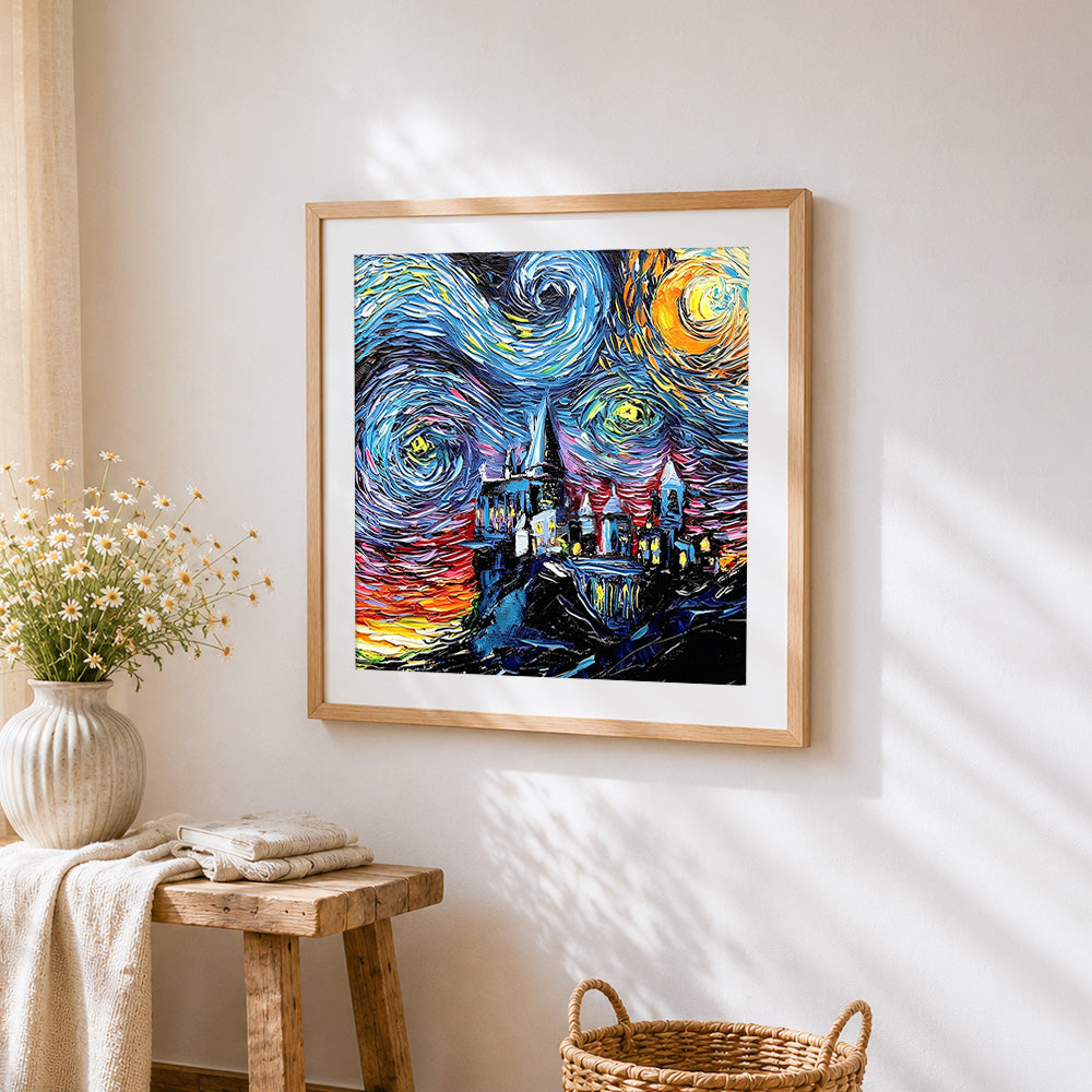 A surreal starry night cross stitch artwork displayed on wall as home decor