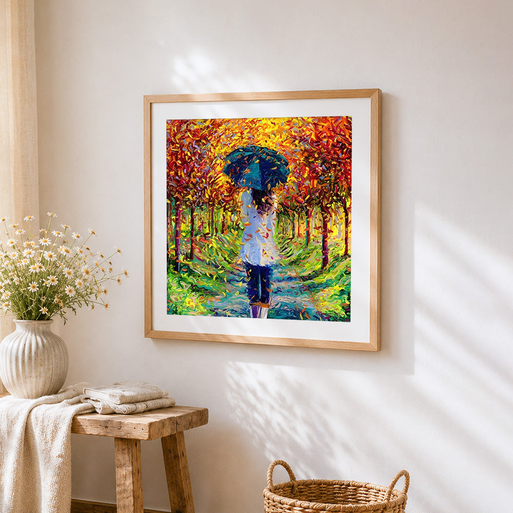 A walk in the autumn woods cross stitch artwork displayed on wall as home decor