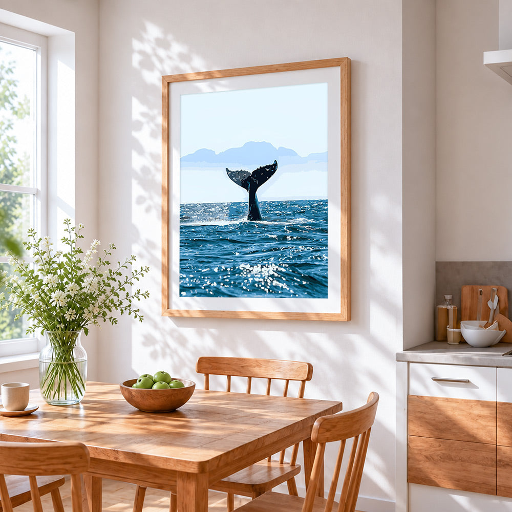 A whale's farewell cross stitch artwork displayed on wall as home decor